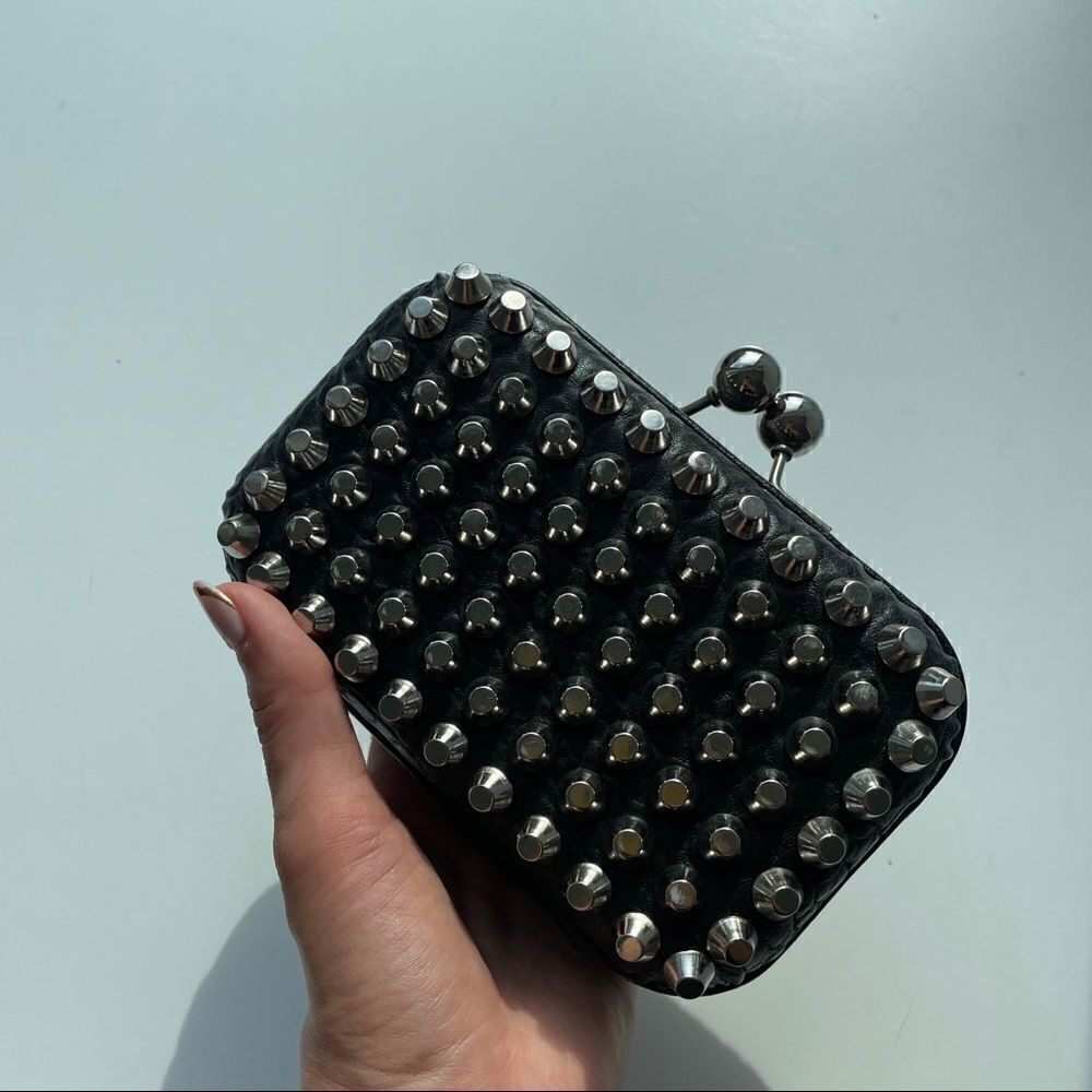 Nordstrom Black Leather Handheld Structured Gunmetal Clutch Bag